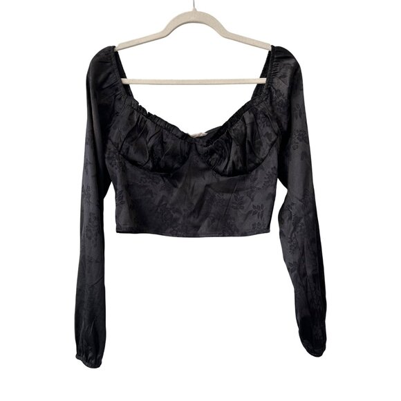 La Hearts Crop Top Size Small Floral Satin Long Sleeve Ruffle Boho Dark Feminine - Picture 1 of 6
